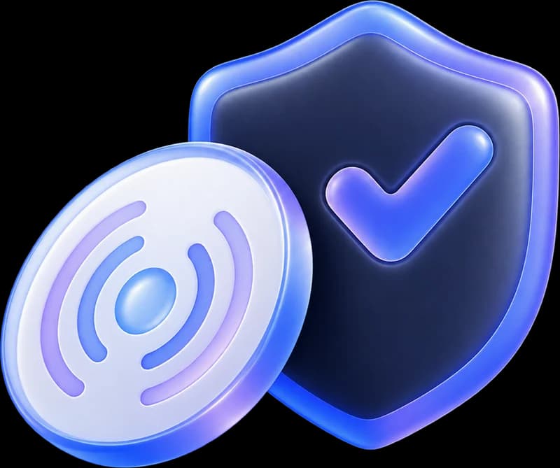 An NFC tag next to a shield with a check mark