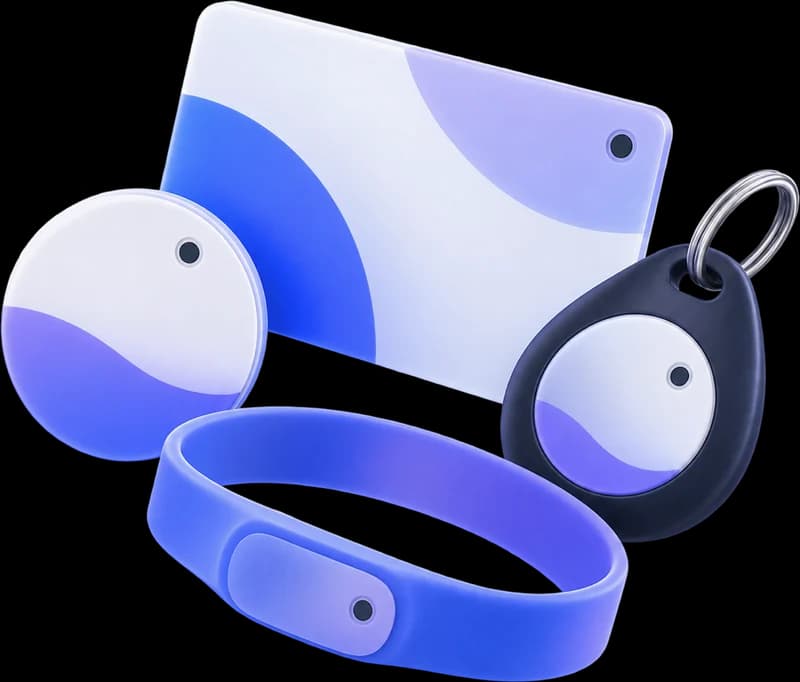 An NFC card, round stickers, a key fob and a wristband