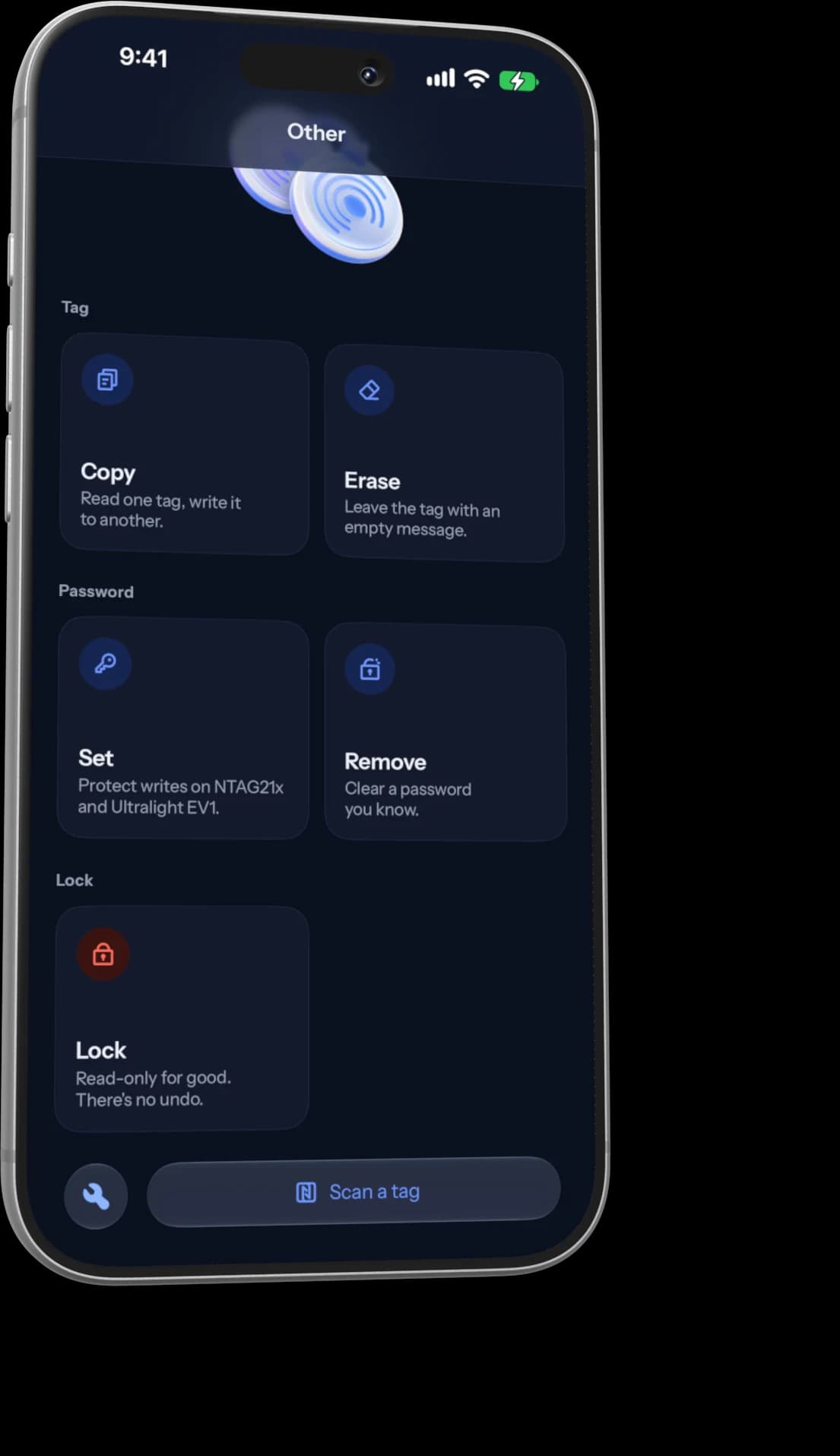 The Other tab with Copy, Erase, password and lock tools